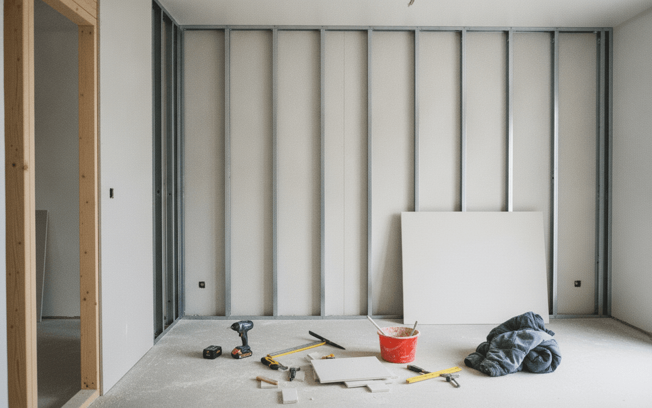 Baustelle mit Ständerwerk, Gipskartonplatte und Werkzeug in einem sanierten Altbauraum
